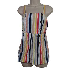 Forever 21 Sleeveless Multicolor Stripe Buttoned Romper Women Size M Rayon Linen
